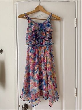 Jona Michelle Multicolor Ruffle Tiered Floral Dress - Pink, Blue, Yellow
